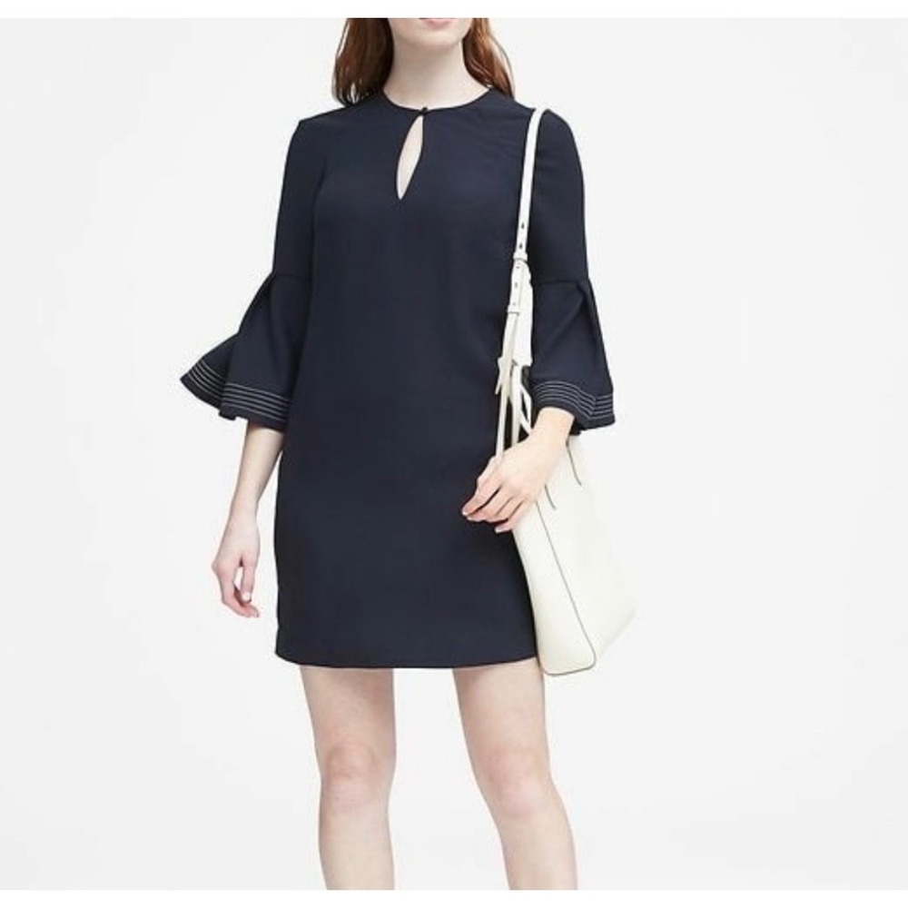 Banana Republic Shift Dress Womens 2 Navy Blue Bell Sleeve Keyhole Mini Career